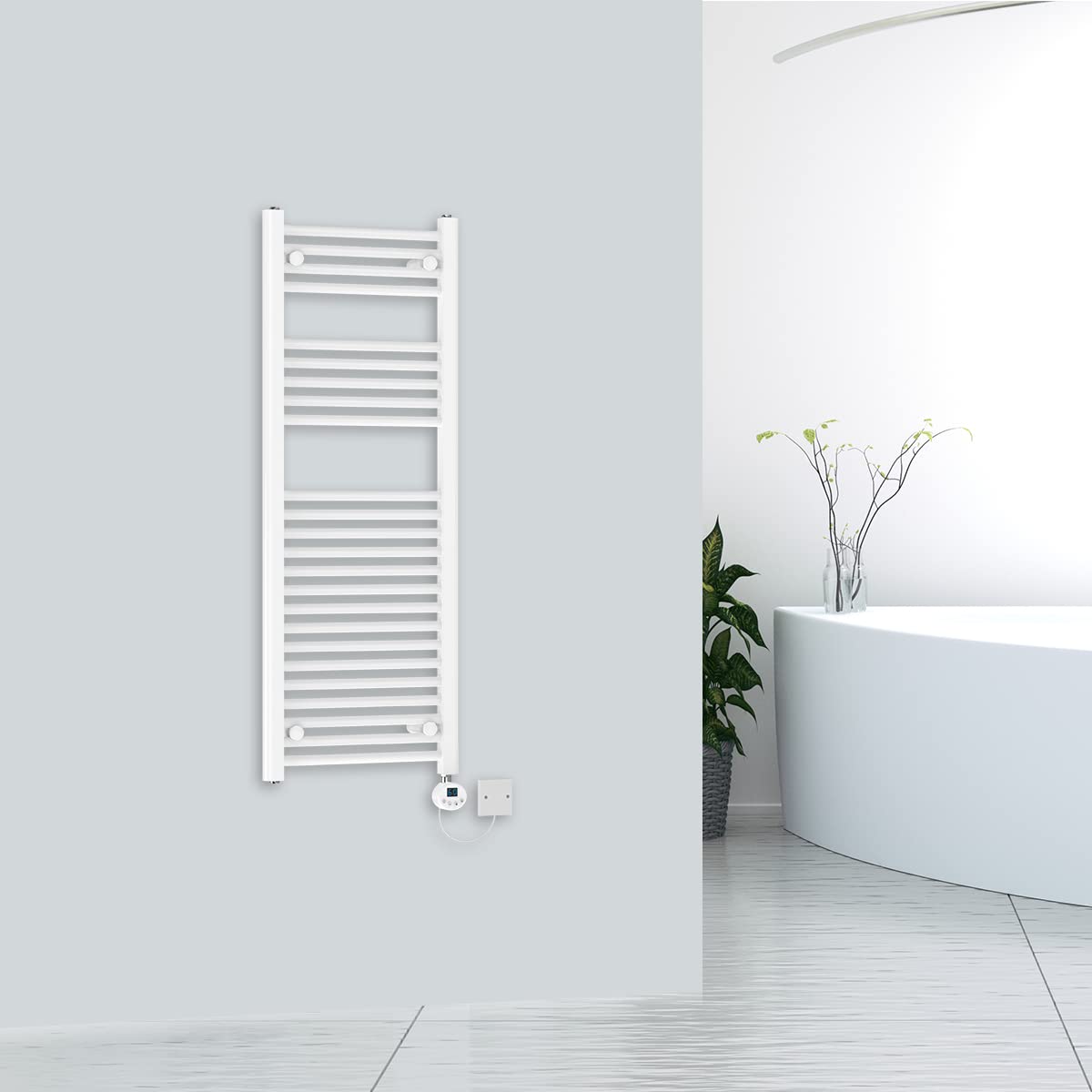 (1200X450mm-500Ww) Warmehaus Bergen White Electric Thermostatic Heated Towel Rail Prefilled 5056391978744