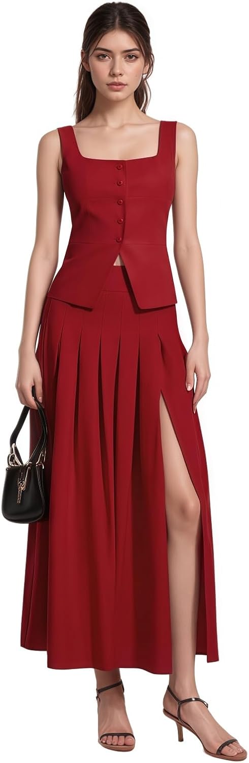 Summer Womens 2 Piece Outfits Elegant Single Breasted Sleeveless Vest and Maxi Long Skirt Suit Sets