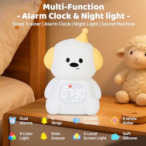 Image of Dog Alarm Clock with Night Light for Kids with Sleep Training and Sound Machine, Rechargeable Silicone Lamp OK to Wake Clock,Cute Animal Tabletop Lamp, Perfect Sleep Companion for Boys Girls