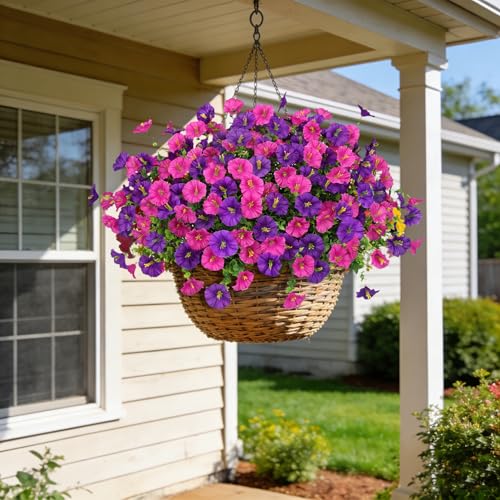 Image of Bassion 16 Pcs Artificial Morning Glory Flower for Outdoors, Fuschia Purple | UV Resistant, realistic, silk flowers, faux eucalyptus plants, outside planters porch window box garden indoor outdoors decor