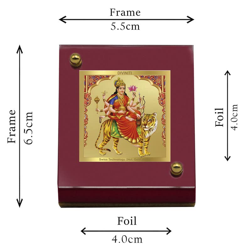 Image of DIVINITI 24K Gold Plated Maa Chandraghanta Photo Frame for Car Dashboard |Premium Religious Idol for Home Office Pooja Room Decor & Spiritual Gift | Size 6 x 5.5 cm