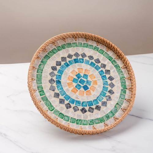 Laquedecraft 11.8" Square Diamond Wicker Round Rattan Mother of P...