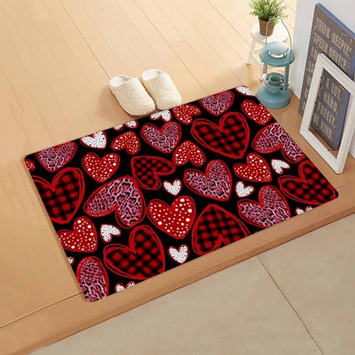 Valentine's Day Kitchen Bath Door Mat Cushioned Runner Rug,Washable Welcome Floor Sink Antifatigue Mat,Waterproof & Non-Slip Comfort Standing Doormat,Leopard Print Plaid Love Heart Red 18