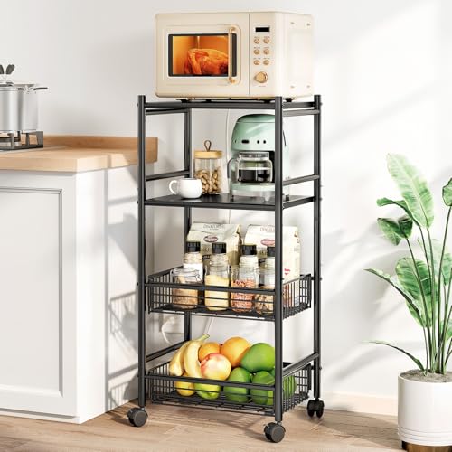 Unidad de almacenamiento de cocina ajustable de 4 niveles con cestas extraíbles y 4 ruedas, estante de metal versátil para especias y soporte para microondas para una nización eficiente de la cocina
