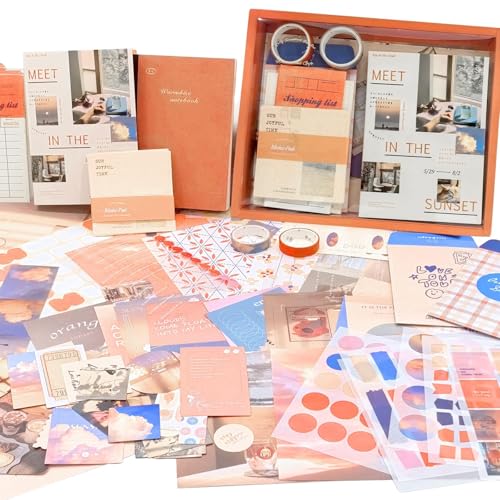 ROEOWENE 410PCS Kit Scrapbooking DIY Journal Accessoire Vintage Stickers Esthétique Scrapbooking Materiel Kit Complet Autocollant Scrapbooking Accessoires Set DIY Cadeau Ado,Adolescentes-Orange