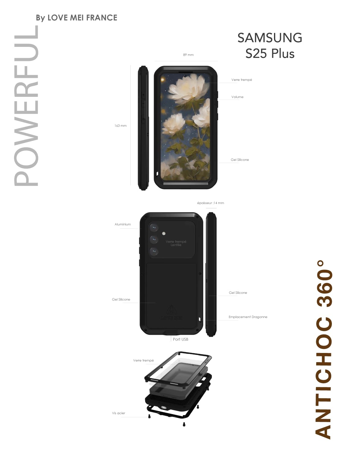 LOVE MEI Odporne na wstrząsy i wodoodporne etui do Samsung Galaxy S25 Plus Integral 360 Francja białe