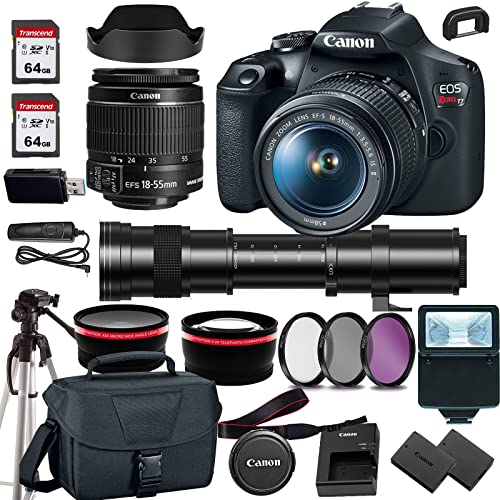 Canon EOS Rebel T7 DSLR Camera with 18-55mm+420-800mm HD Telephoto Zoom Lens+case+128Memory Cards (24PC) (Renewed)