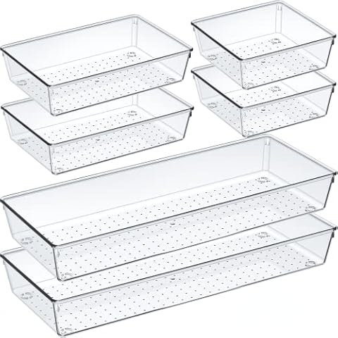Criusia 6 Pcs Large Size Clear Drawer Organizer Set, Acrylic Non Slip Non Cracking Kitchen Drawer Storage Tray Divider, Multifunctional Storage for Cosmetics, Bathroom, Tools, Kitchen and Office Cover