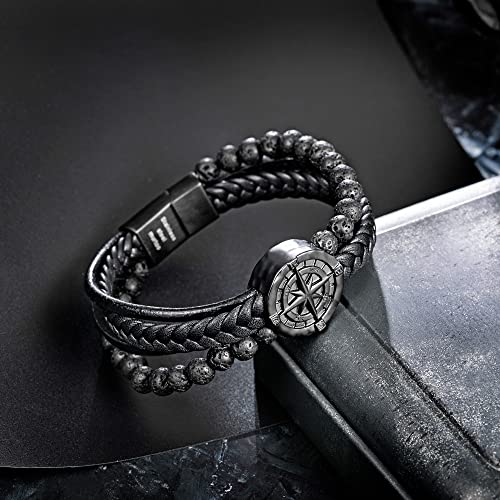 Murtoo Men's Bracelet Leather With Compass,Braided Leather Bracelets For Men Magnetic Clasp 7.5/8.5/9.5 Inch Gift For Husband Boyfriend Father (Black, 7.5Inch) #TOP4