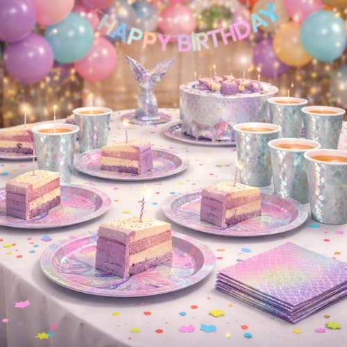 Image of Wanna Party 40Pcs Mermaid Theme Birthday Decorations Under the Sea Party Tableware Includes Mermaid Plates, Mermaid Napkins and Mermaid Cups for Mermaid Theme Party Decorations
