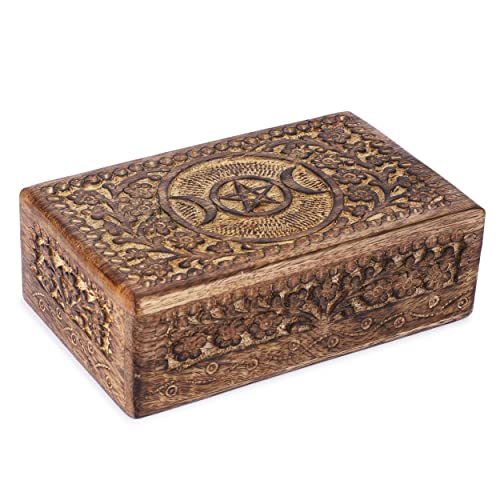Ajuny Wooden Hand Carved Decorative Jewelry Box Moon Star Flower Carvings Vintage Keepsake Storage Organizer Travel Treasure Chest Trinket Holder Case Great Gifts 8x5 Inch - Image 2