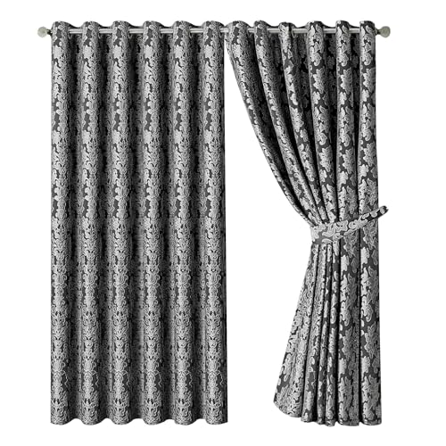 OpulentDreams Jacquard Curtains - Heavy Ring Top Window Curtains for Bedroom & Living Room - Fully Lined - Includes Two Tie Backs - Pair of Panels (Dark Grey - Eyelet, 90" x 90" (228 x 228 cm))