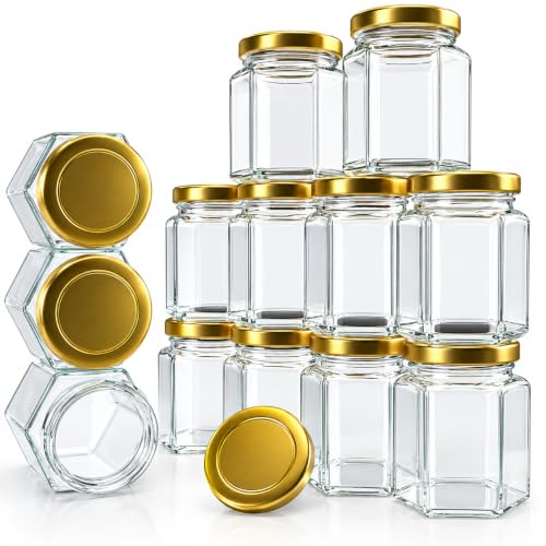 Image of NATURALSPOON Hexagon Glass Jar & Container with Rust Free Air Tight Lid, Suitable for Use in Your Home Office, Kitchen Storage /Glass Jar for Kitchen 250 ml (Gold lid, 6) (6 PCS)