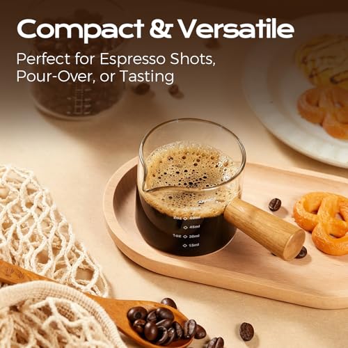Image of YARRAMATE 2.5 oz /75ML Espresso Shots Cup with Wooden Handle, Clear Glass Demitasse Cup with Dual Scale Markings for Coffee Extraction (1 Pack, Single Spout) | Borosilicate Glass, Precision Pouring, Heat Insulated Grip, Dual-Scale Accuracy, Easy to Rinse Clean