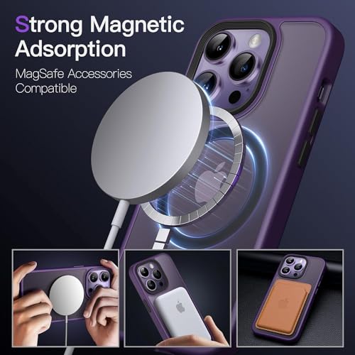 Image of Elzzi Magnetic Cover for iPhone 14 Pro Case [MIL-Grade Drop Tested & Compatible with MagSafe] Translucent Matte TPU + Hard PC Back Cover, Anti-Scratch Shockproof Phone Case (6.1 Inch, Deep Purple)