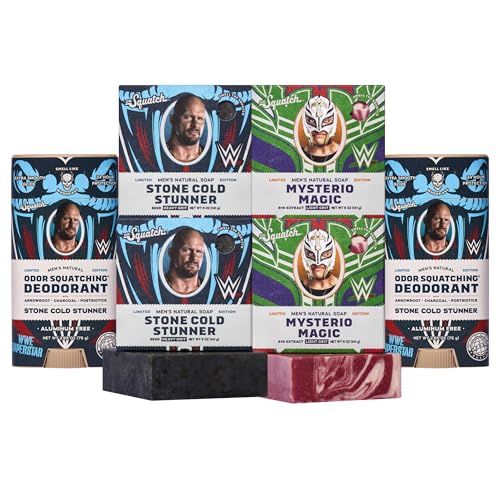 Dr. Squatch WWE Collection - Natural 4 Soap 2 Deodorant Gift Set - Cold Process Soap with No Harsh Chemicals - Stone Cold Stunner & Mysterio Magic (6 Pack)
