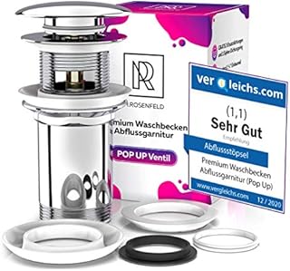 Universal Ablaufgarnitur Waschbecken Abflussgarnitur – mit Überlauf für Waschbecken & Waschtisch, Universal Chrom Pop Up Stöpsel aus Messing mit Anleitung, 4 Ersatzdichtungen, eBook