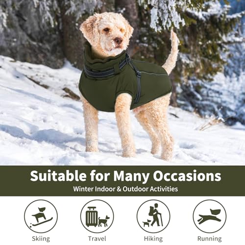 Lelepet Großer Hundemantel mit Geschirr – warme, wasserdichte Fleecejacke, Winter, reflektierende Weste, Schneeanzug für Labrador, Armeegrün, Größe XXL
