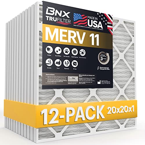 BNX TruFilter 20x20x1 Air Filter MERV 11 (12-Pack) - MADE IN USA - Allergen Defense Electrostatic Pleated Air Conditioner HVAC AC Furnace Filters for Allergies Dust Pet Smoke Allergy MPR 1200 FPR