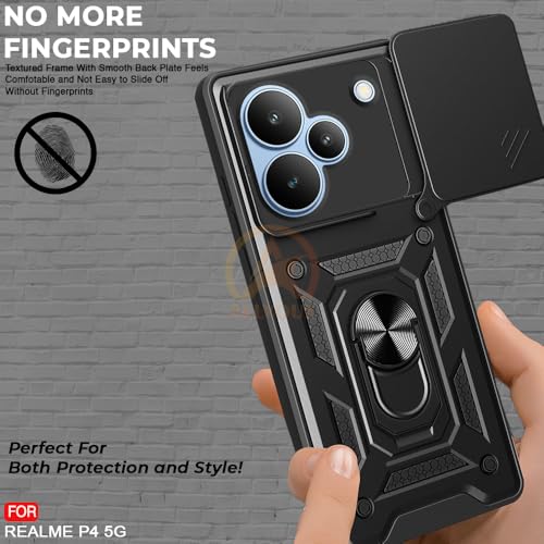 Image of Armor Bumper Back Cover Case for Realme P4 5G Rotating Camera Cover, Ring Holder & Kickstand | Heavy Duty & 360 Degree Protection Realme P4 5G Back Cover (Black)