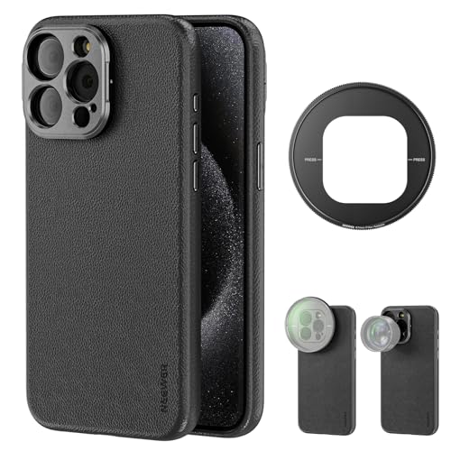 Image of Neewer Phone Case Compatible with iPhone 15 Pro Max, TPU + PC Protective Heavy Duty Case with 17mm Lens Backplate, 67mm Filter Adapter, Nonslip Faux Leather, Compatible with MagSafe, PA054 Black