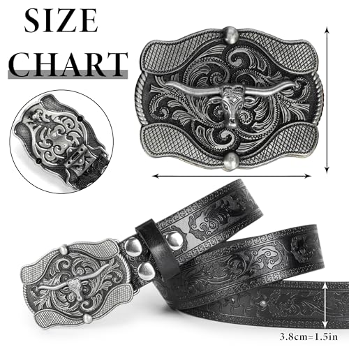 Image of UTOWO Western PU-Leather Cowboy Buckle Belt for Men and Women Jeans Engraved Floral Longhorn Bull Buckle Belt (25-38 inch waist)