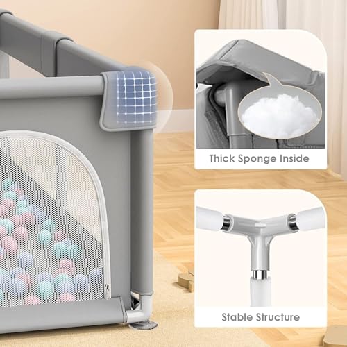 قفص لعب للاطفال من ويمارت، 200 × 180 سم للاطفال الصغار، مع باب وكوب شفط، مركز نشاط امن للاطفال، قفص لعب كبير، فوم ممتص للصدمات مع شبكة جيدة التهوية، قفص لعب امن للاطفال الصغار (رمادي)