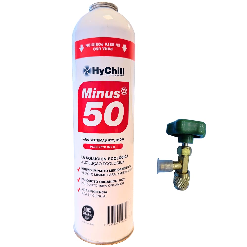 HyChill Minus 50 Gas Refrigerante Ecologico Isobutano - Alternativa Compatibile R22 e R404 - Sostituisce R407 e R502 - Confezione Gas Organico (1 Bottiglia + Valvola)