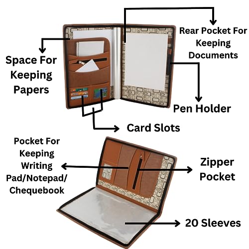 Image of Professional PU Leather Multipurpose B4 Size Document Holder 20 Leafs Zipper File Folder Organizer for Certificates, Marksheets, Degrees, Interview Portfolio, Important Documents (Tan)