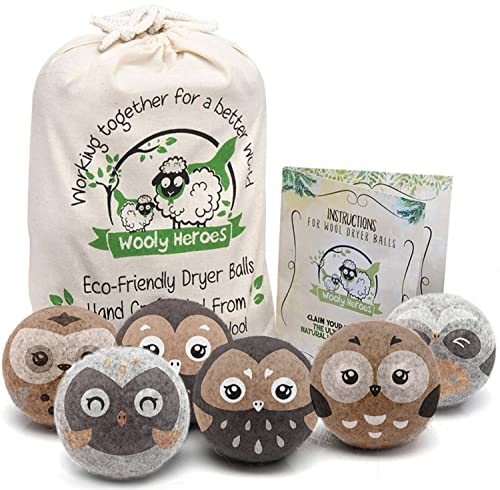 Wooly Heroes Wool Dryer Balls - Organic Eco Friendly - 6-Pack Xl ~ Reusable Fabric Softener ~ With Free Natural Laundry Ebook (Owl & Friends) #TOP6