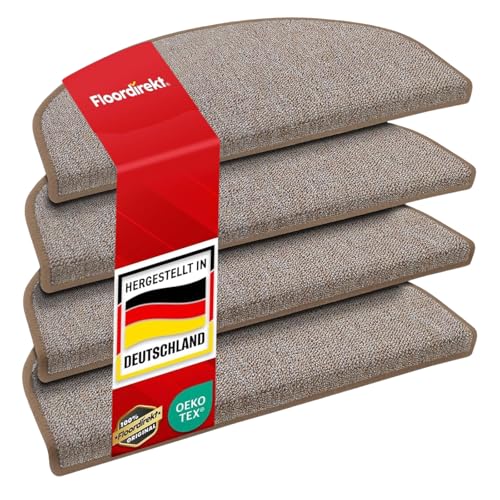 Floordirekt 1x Treppenstufen Matten, Stufenmatten innen für Treppe, Treppenteppich, selbstklebend, Teppich für Treppenstufen, Treppenschutz, Stufenteppich (London, Braun-beige, 65x23 cm, Halbrund)
