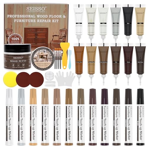 SEISSO Wood Furniture Repair Kit 12 Colors Wood Fillers&Touch Up Markers Wood Putty with Polish Wax Wood Repairing Kit of Stains Scratches Holes Cracks(40 PCs)