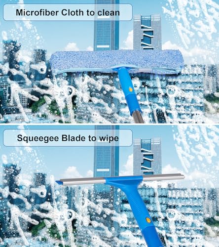 Image of Window Squeegee Cleaner with 4 Stainless Steel Extension Poles,Long Reach to 58inch, Scrubber, Glass Scraper, Bendable Duster, 2 Scrubber Cloth for Window, Car, Professional Cleaning Kit