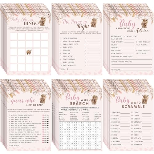 Image of Jetec 302 Pcs Baby Shower Games, 6 Games,50 Sheets Each, Pink Highland Cow