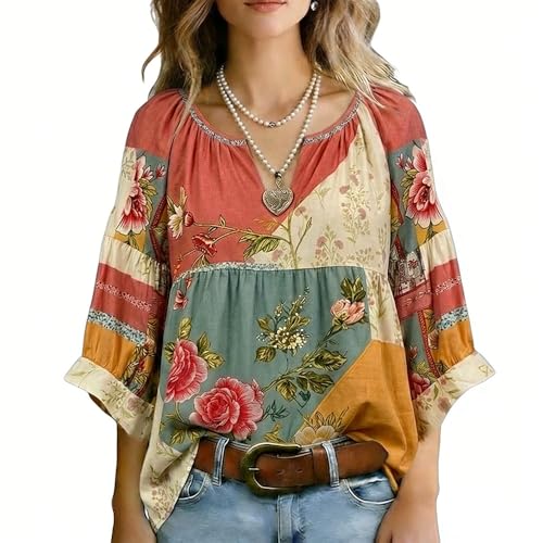 CHERRYBETTY Women's Mixed Print Patchwork Top V-Neck Half Sleeve Dressy Spring Summer Shirts Casual Boho Blouse Multicolor