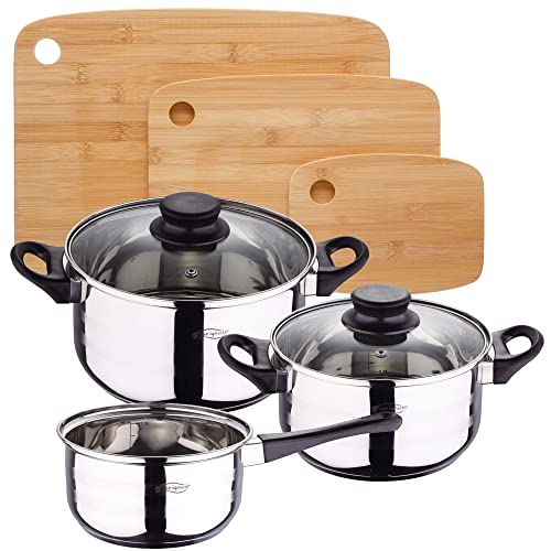 San Ignacio PACK BATERÍA DE COCINA 5 PIEZAS + SET DE 3 TABLAS DE CORTE EN BAMBÚ, PK4900