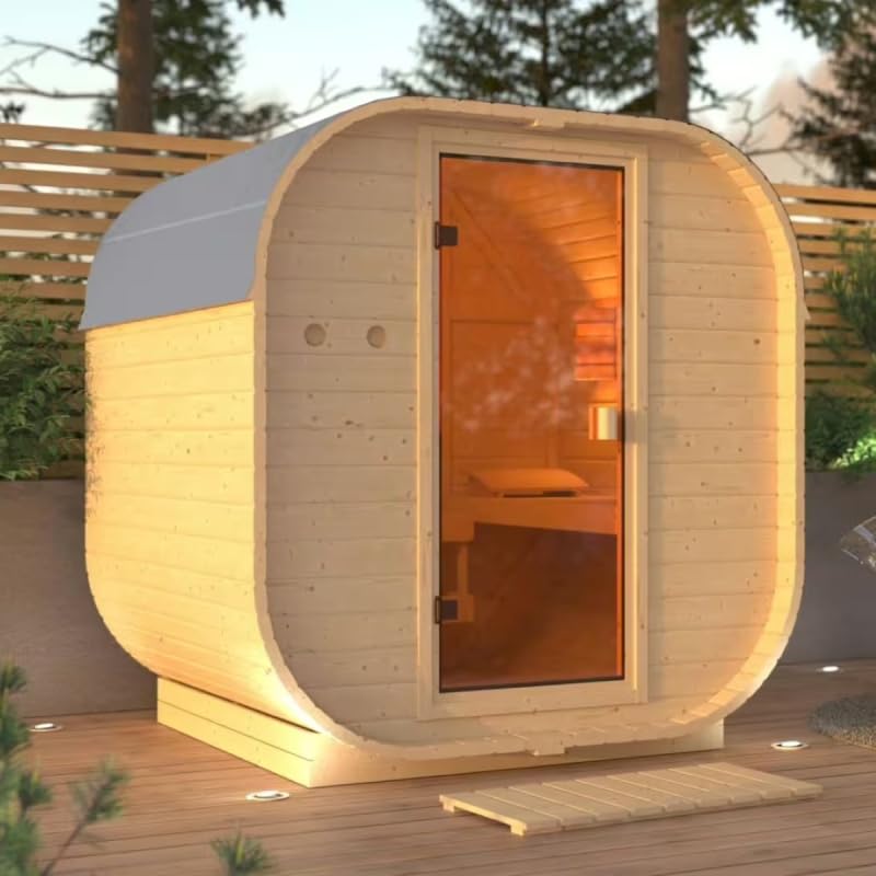 Karibu Sauna Extérieur Tonneau Quadro 1 | 2-4 Places, Bois Massif 38mm, 199x175cm | Porte Vitrée,...