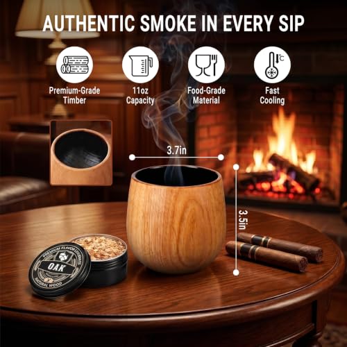 Oak 2-Pack Charred Wooden Whiskey Cup 10oz – Bourbon Smoker Kit with Lid by VOLCANSMOKE - Image 2