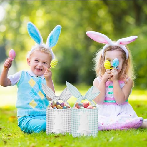 Image of Cosblank 6 Pcs Bunny Canvas Bags Rabbit Print Basket with Foldable Ears Candy Goodie Bunny Tote Gift Bag for Birthday Party Decorations Supplies(Vivid Color,Plaid and Dot)