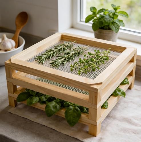 Tnstbiee 11.8in Square Wooden Desktop Herb Drying Rack - No-Drill Stackable Mesh Drying Rack | Dries Herbs Flowers Pasta & Veggies | Apartment Kitchen Countertop Essential Ideal Gift for Home Cooks