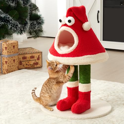 Keygarzone Christmas Cat Tree Tower for Indoor Cats Cute Santa Hat Design with Scratching Posts & Cozy Cat Bed, Small to Large Cat Tower, Red