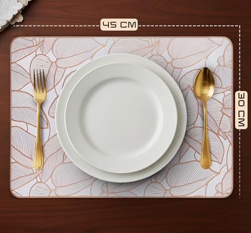 Image of Yellow Weaves 4 Pcs PVC Table Placemats, Dining Table Mat, Stain Resistant, Anti-Skid, Waterproof, Washable, Dining, Kitchen, Restaurant Table Set Easy to Clean, Durable (Leaf Rose Gold)