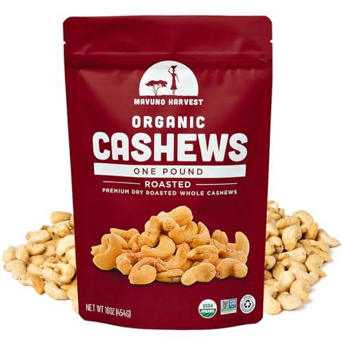 Mavuno Harvest Organic Roasted Cashews | Dry Roasted Whole Cashew Nuts | Vegan, Non GMO Healthy Snacks for Kids and Adults | Office Friendly Work Snack | 1 Pound Resealable Bag