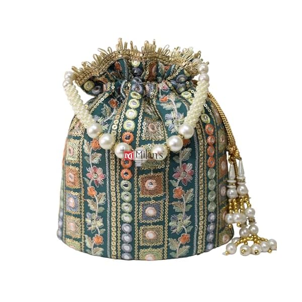 MILAN'S CREATION MultiColor Embroidery Potli Bag With Pearl Handle & Tassel Wedding Trendy Purse Women’s Handbag