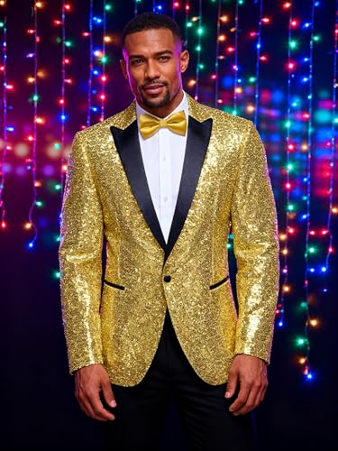 Image of Barry.Wang Mens Sequins Blazer Sparkle Dress Suit Jacket Cocktails Shiny Metallic Disco Dance Party Tuxedo Homecoming