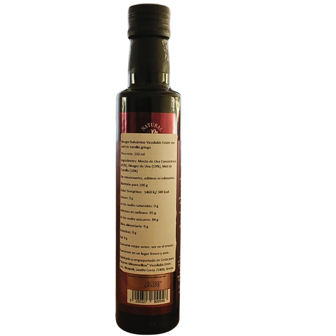 Vassilakis Estate – Vinagre Balsámico Griego con Miel de Tomillo – Botella de 250 ml