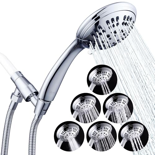 G-Promise High Pressure Shower Head 6 Spray Setting with Adjustable Solid Brass Shower Arm Mount and Extra Long Flexible Stainless Steel Hose (Chrome)