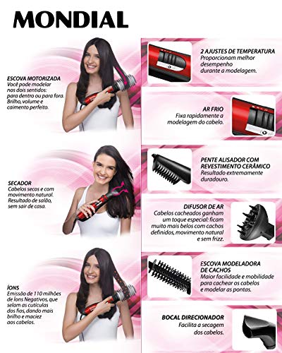 Escova Rotativa Ceramic Ion 1200W, Mondial, ER-05, Preto/Vermelho