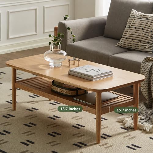 Image of Solid Oak End Table Wood Coffee Table, Modern Simple Style, Double-Layer, Rectangular, Natural Oak, Storage, for Small Spaces (Oak,47.2 inch x 22.0 inch x 16.5 inch)
