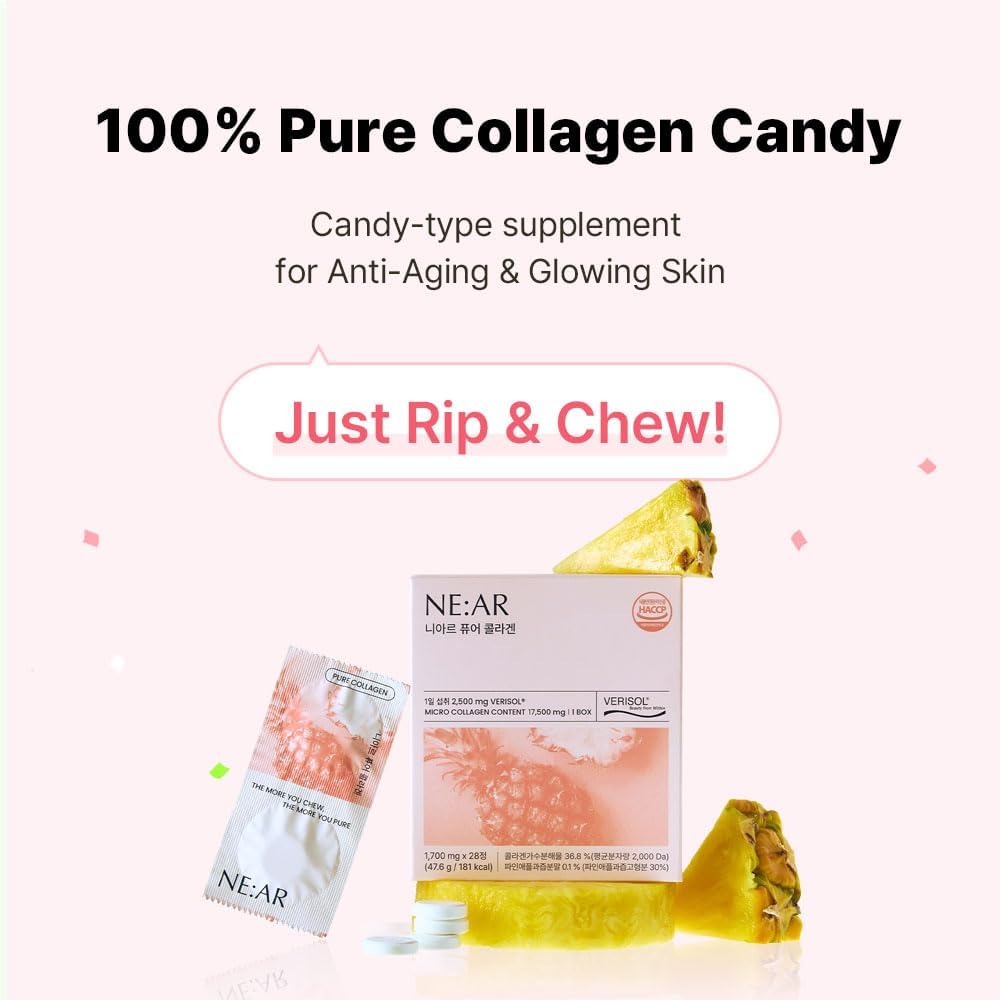 NE:AR Glow Collagen Chews – 2 500mg Peptides with Hyaluronic Acid & Vitamin C Tasty Easy Daily Support for Skin Hair Nails Pineapple Flavor